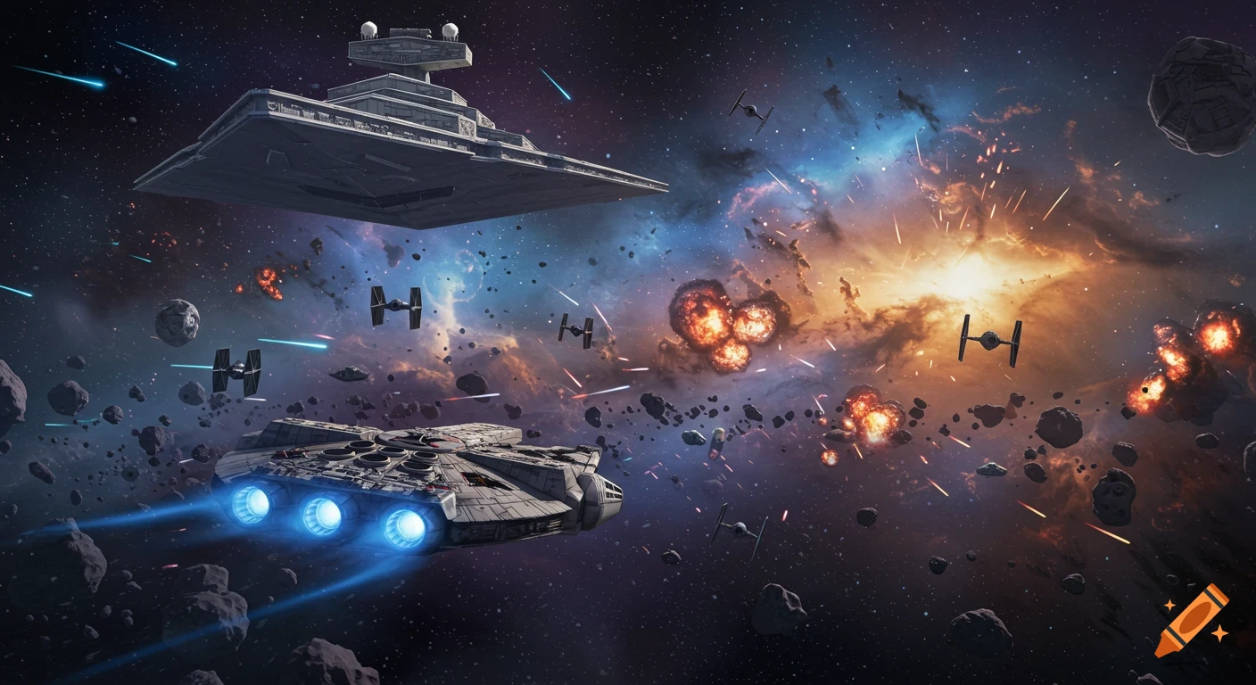 An epic Star Wars space battle featuring an Imperial Star Destroyer, Millennium Falcon, and TIE fighters amidst explosions and asteroids in a nebula.