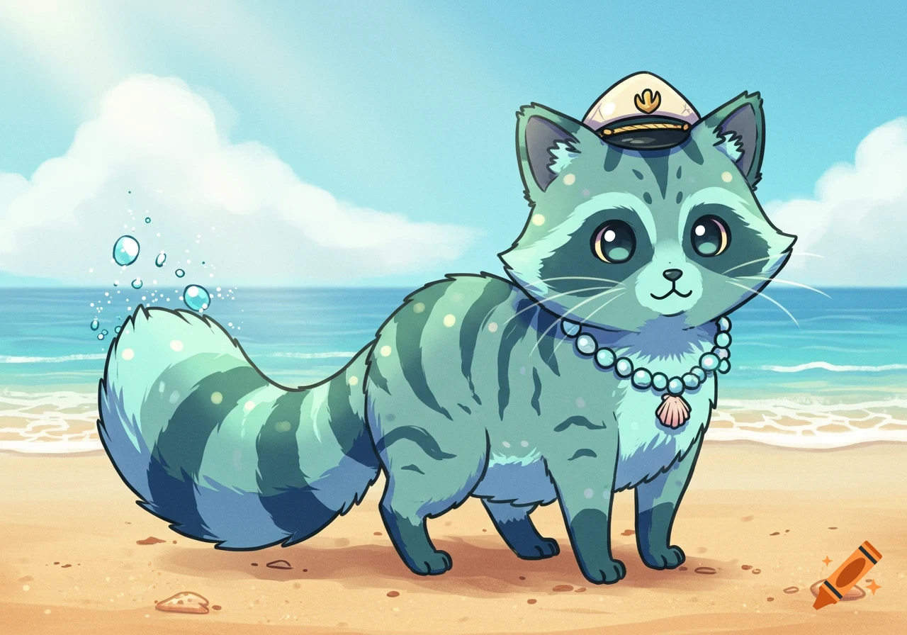 A cute, cartoonish cat-raccoon hybrid wearing a captain's hat and pearl necklace, standing on a sandy beach with the ocean in the background.