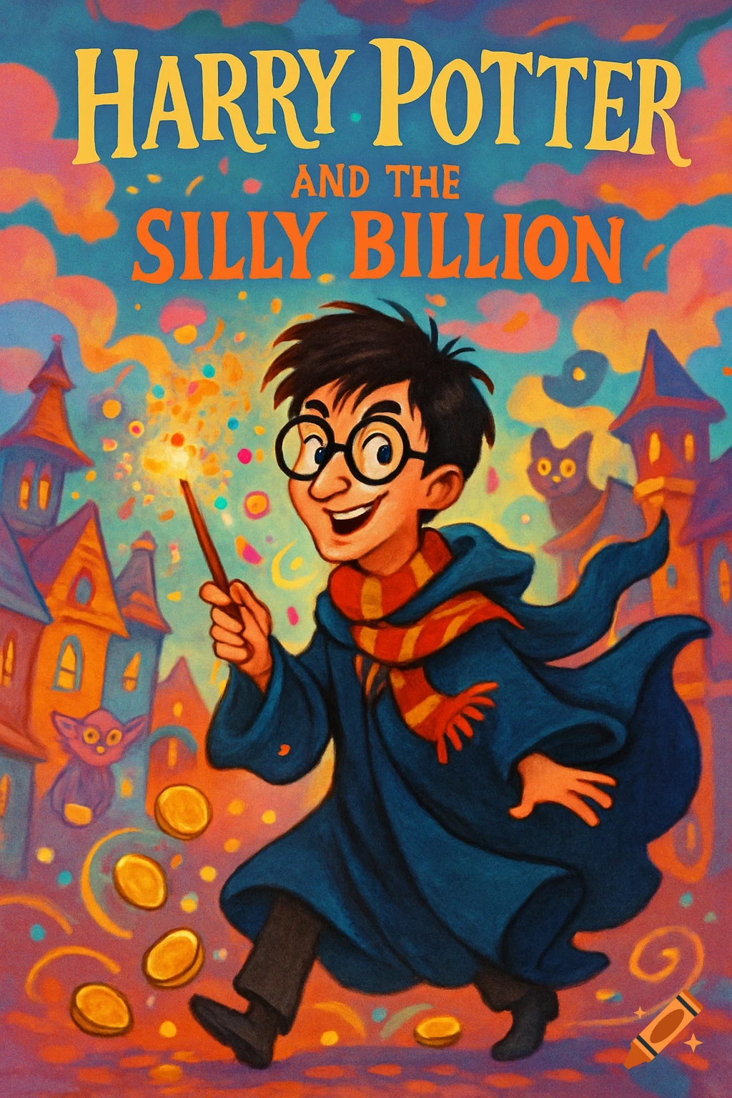 A vibrant cartoon book cover showing Harry Potter casting a spell, with gold coins, magical castles, and a cat.