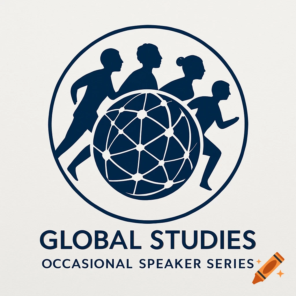Minimalist dark blue logo for Global Studies Occasional Speaker Series, featuring silhouettes of people and a globe in a circle.