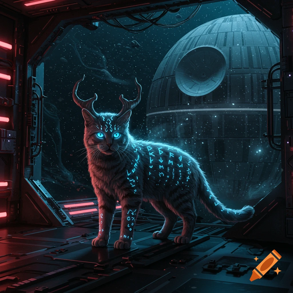 A glowing druid cat with antlers stands in a spaceship, looking out at the Death Star in space.