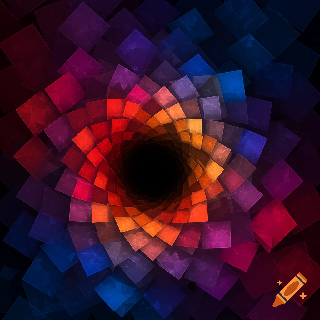 A vibrant abstract pattern of overlapping squares in a swirling vortex of red, orange, purple, and blue colors, converging into a black center.