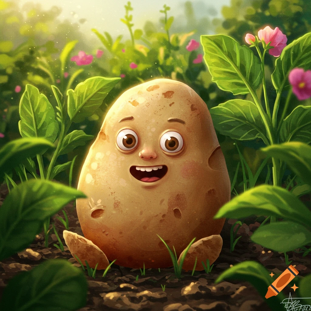 A happy cartoon potato with a face sits in rich brown soil surrounded by green leaves and pink flowers in bright sunlight.