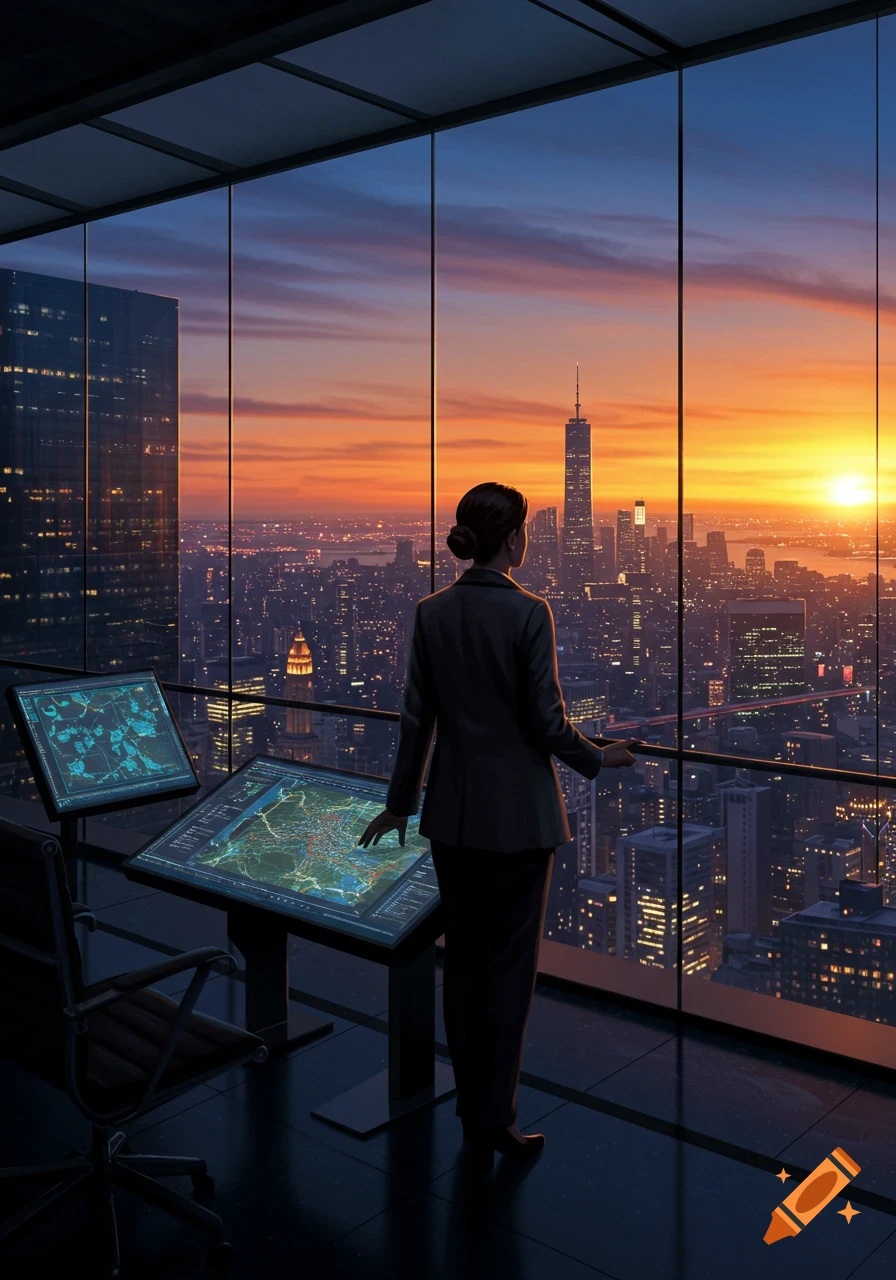 Woman in a suit overlooking a vibrant cityscape from a high-rise office at sunset, interacting with futuristic screens displaying maps.