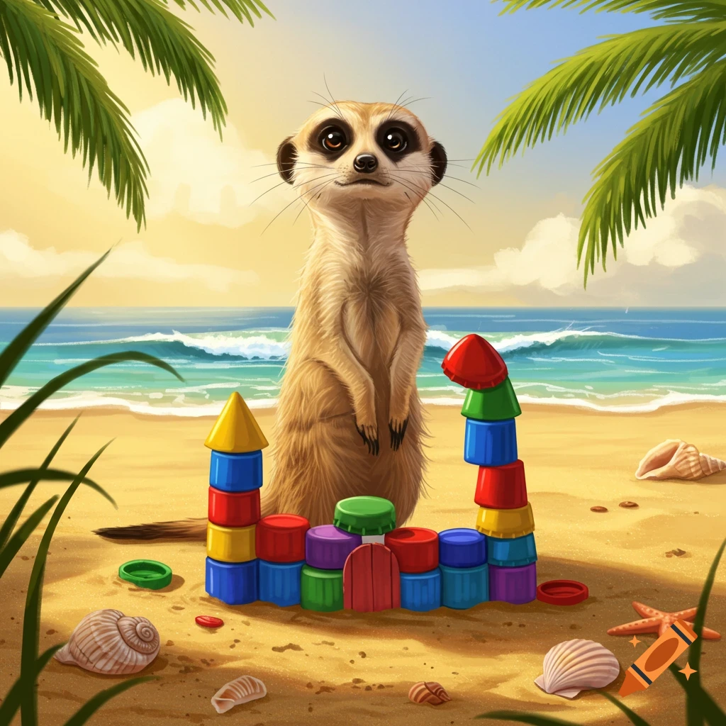 An illustrated meerkat stands on a sandy beach next to a colorful castle made of bottle caps, with ocean waves and palm leaves in the background.