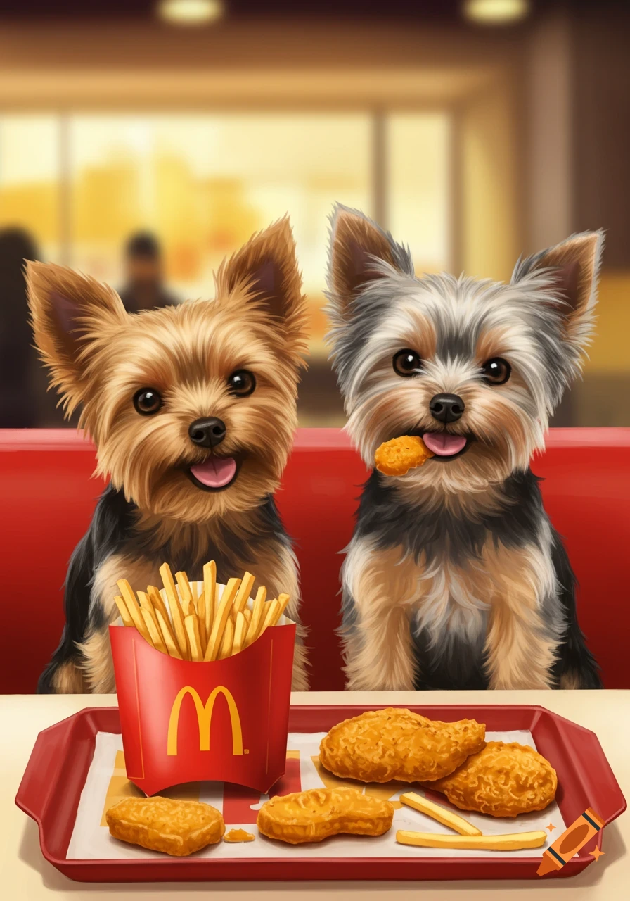Two cute Yorkshire Terriers in an illustrative style sit in a McDonald's booth, one with fries, the other holding a nugget.