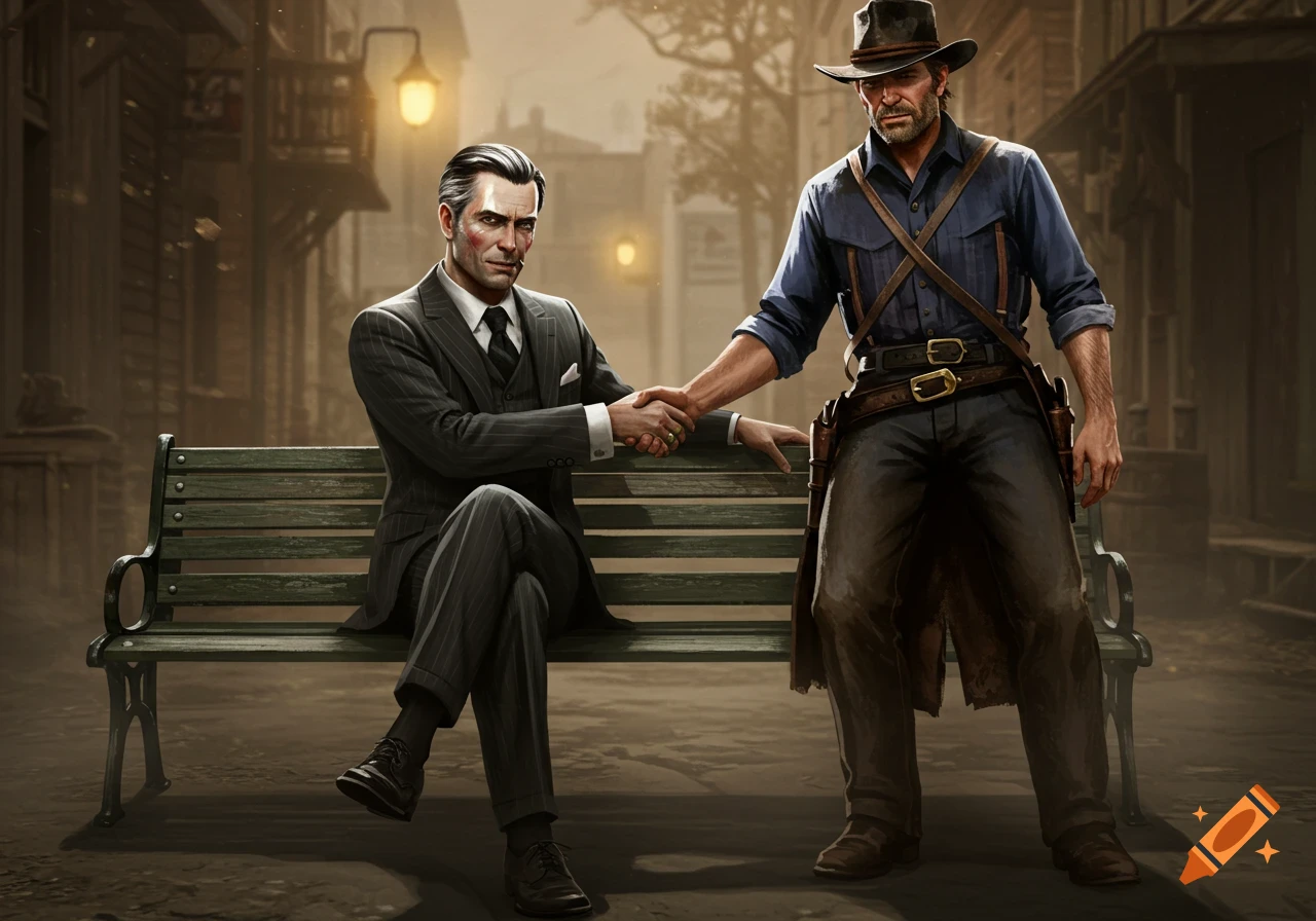A man in a pinstripe suit shakes hands with a cowboy in a hat and holster, on a park bench in an old town street.