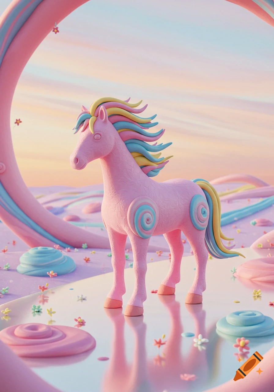 A pastel pink horse with a rainbow mane stands in a whimsical candy-land scene with swirling shapes and tiny flowers.