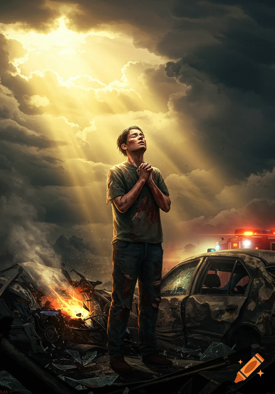 A man with blood on his face and shirt prays amidst a fiery car crash, bathed in golden light from stormy clouds.