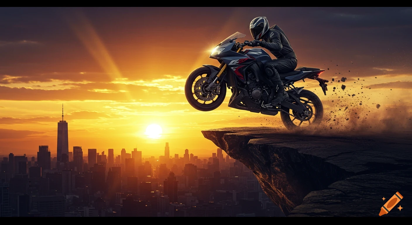 A motorcyclist in full gear is airborne off a cliff edge, with a city skyline visible below at sunset.