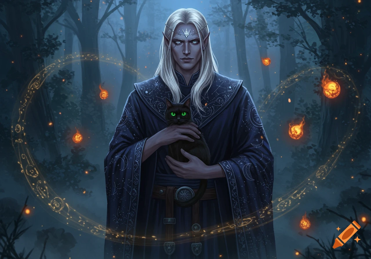 A male elf with long white hair in a dark robe holds a black cat with glowing green eyes in a magical forest.