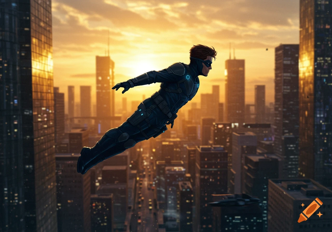 A superhero-like spy figure in a dark suit with glowing blue accents flies over a futuristic city at sunset.