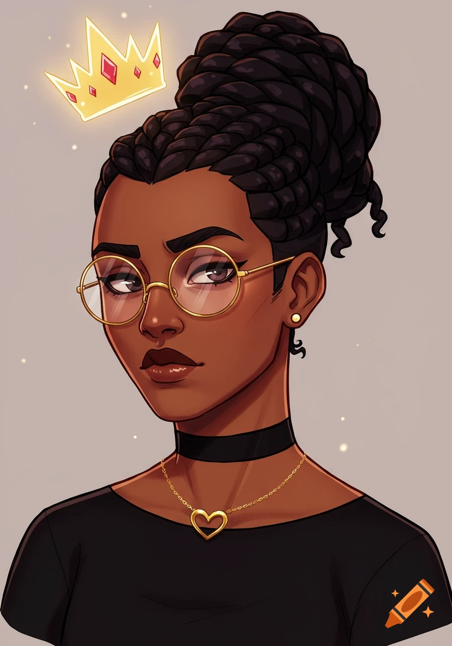 Stylized portrait of a dark-skinned woman with a braided bun, gold glasses, choker, heart necklace, and glowing crown in Disney style.