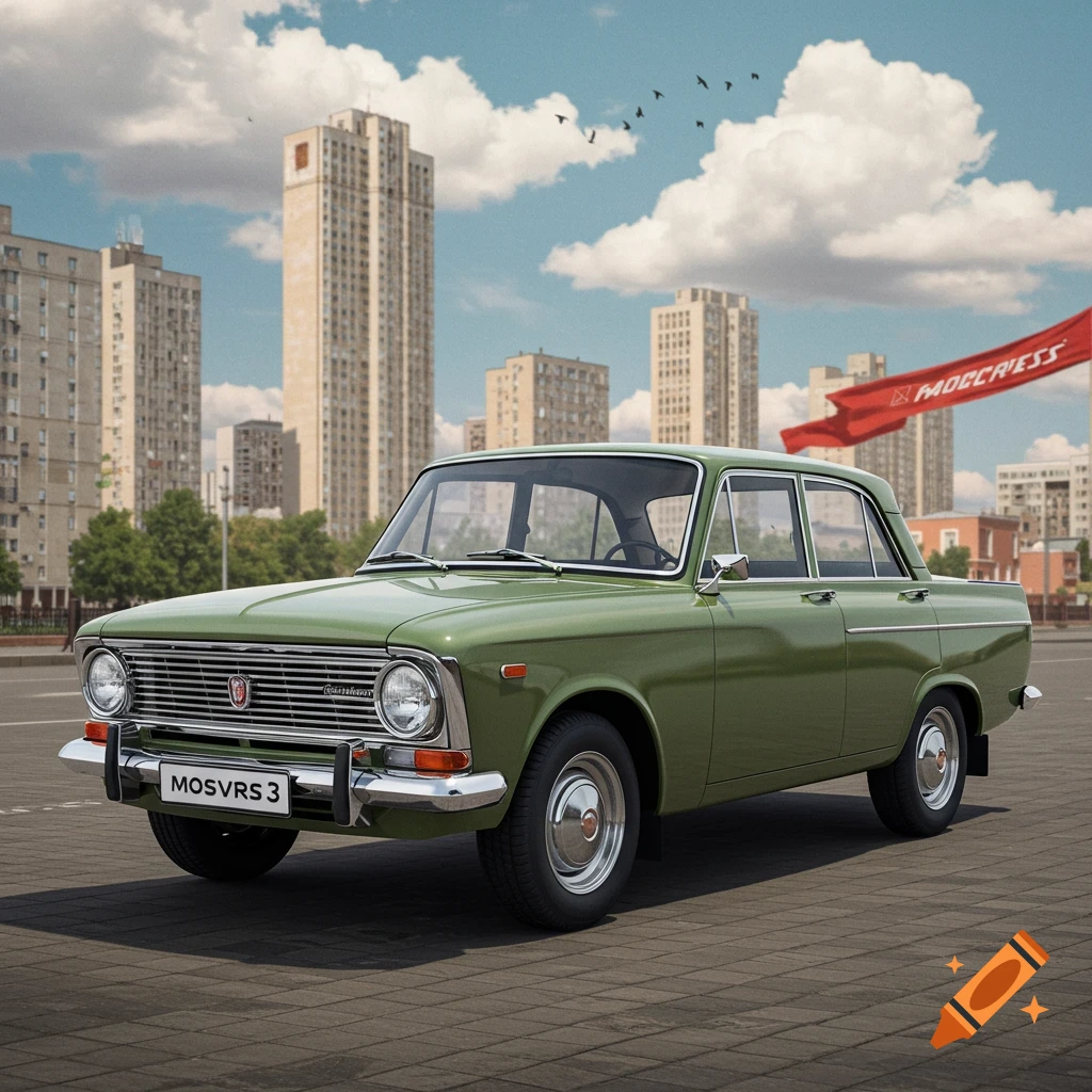 A vintage olive-green sedan car, possibly a Moskvich, parked on a paved lot in front of tall, concrete Soviet-era buildings, under a cloudy sky. A red banner with garbled text flies in the background.