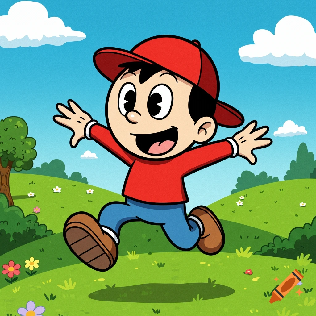 A happy cartoon boy in a red hat and shirt runs with arms wide open in a vibrant green field under a blue sky.