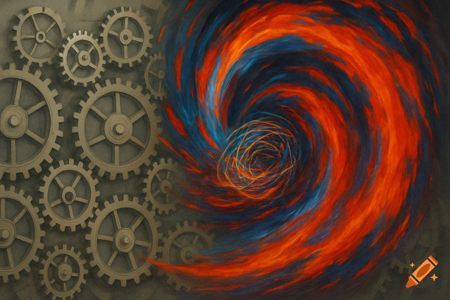 Gray metal gears on the left, next to a swirling vortex of orange and blue abstract energy on the right, in a painterly style.