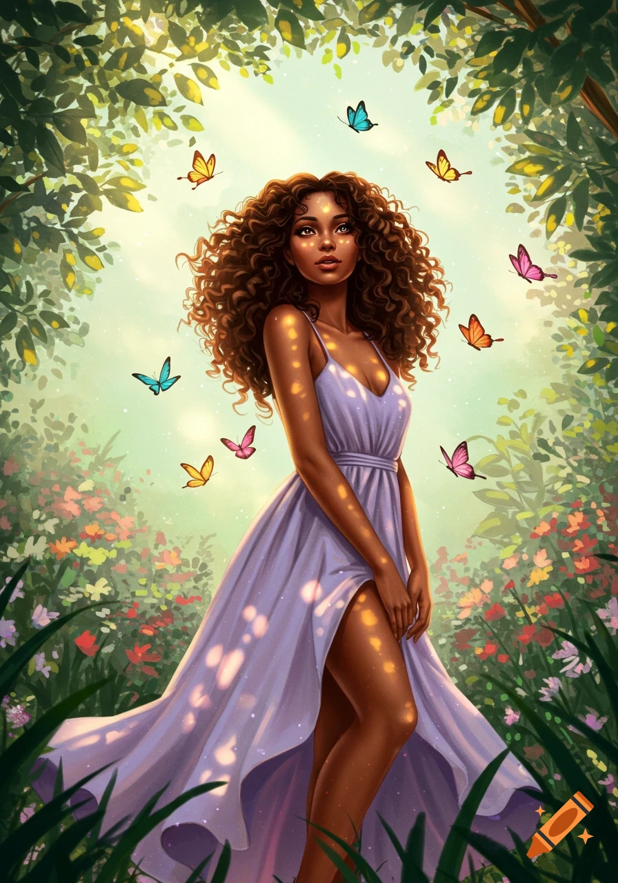 Stylized illustration of a woman with curly hair in a light purple dress with butterflies in a lush forest.