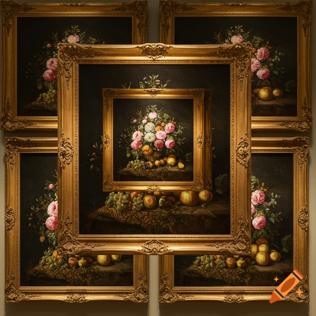 Multiple ornate gold-framed still life oil paintings, each depicting flowers and fruit, recursively nested within each other.