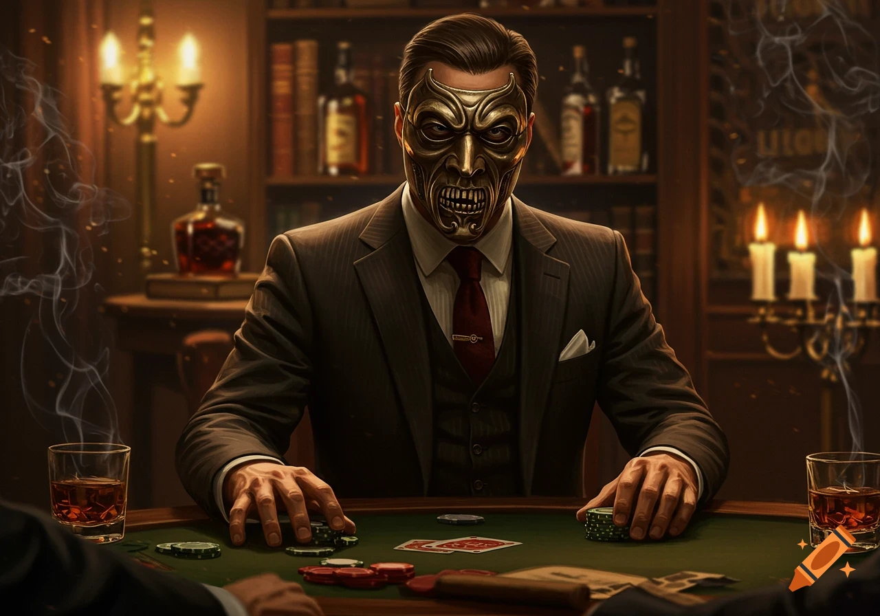 A man in a suit and a golden demonic mask plays poker at a dimly lit table, with drinks, chips, and smoke.