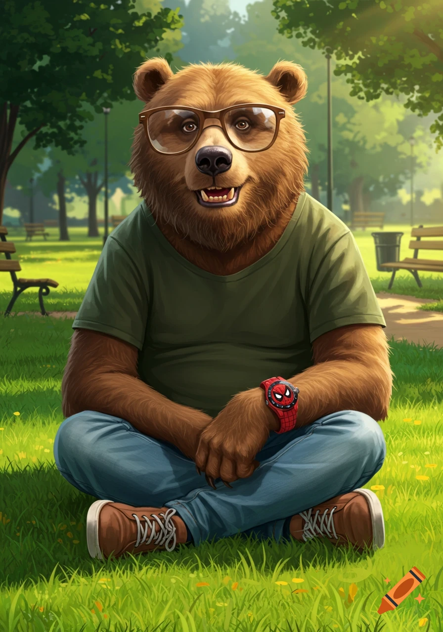 A cartoon brown bear with glasses, a green t-shirt, blue jeans, brown shoes, and a Spider-Man watch sits cross-legged on green grass in a sunny park.