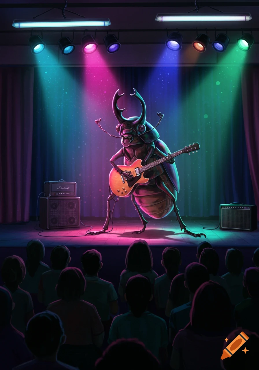A giant beetle playing an electric guitar on a stage with colorful spotlights, performing for an audience.