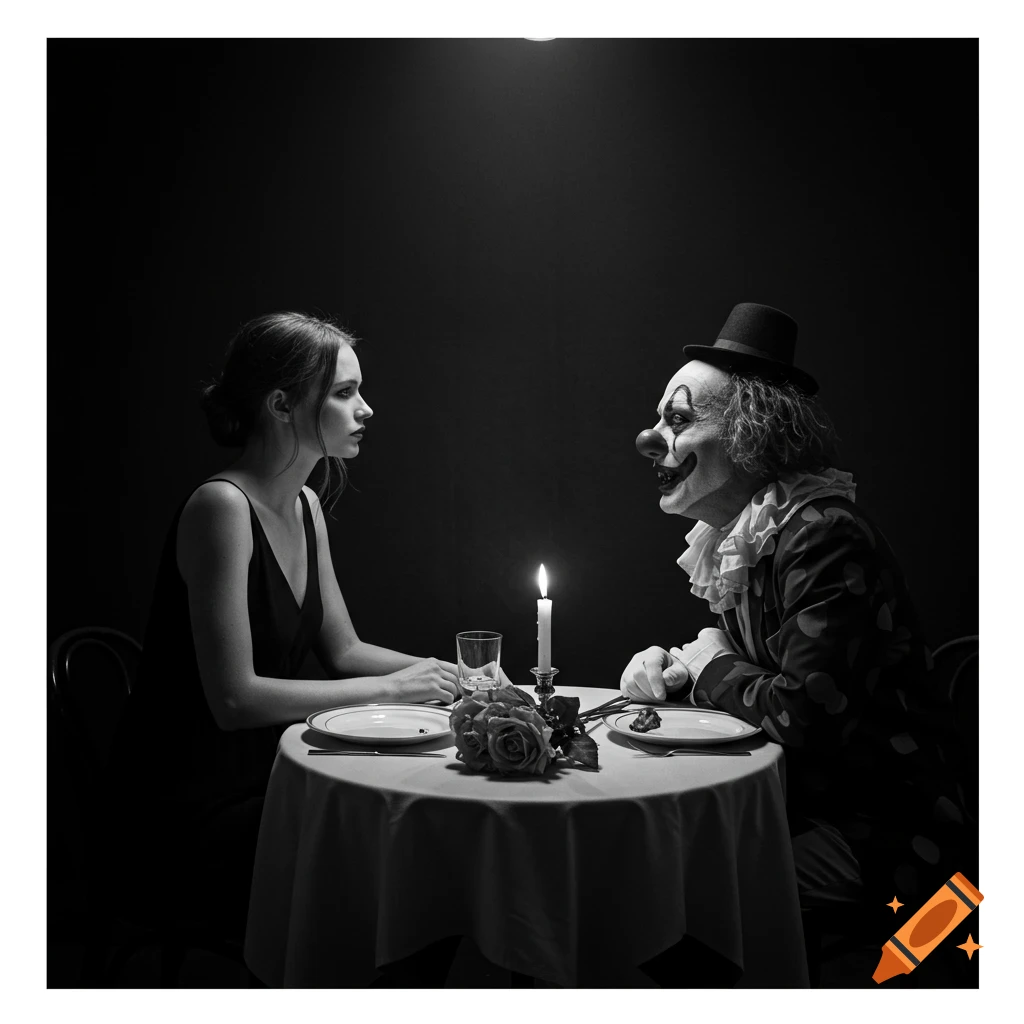 A woman and a clown sit at a candlelit table in a tense, black-and-white scene with dramatic lighting.