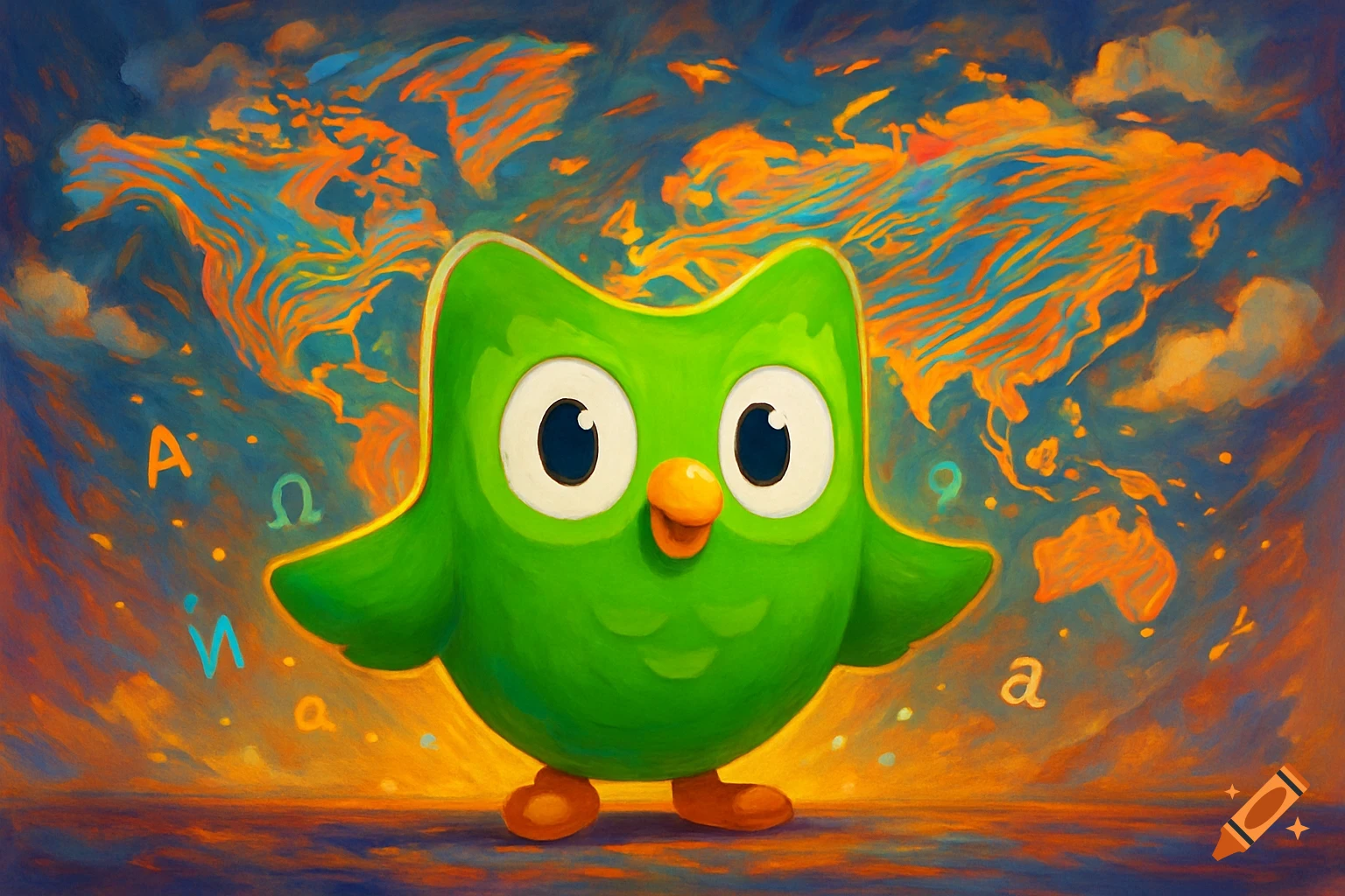 A green Duolingo owl stands prominently against a painterly blue and orange background featuring a world map and scattered alphabet letters.