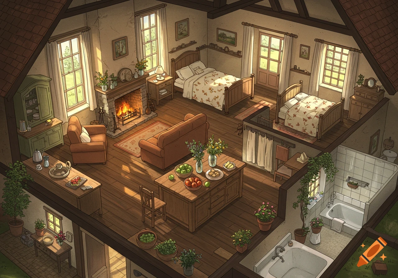 Cozy, illustrated cut-away view of a country house interior, showing living room, kitchen, two bedrooms, and a bathroom.