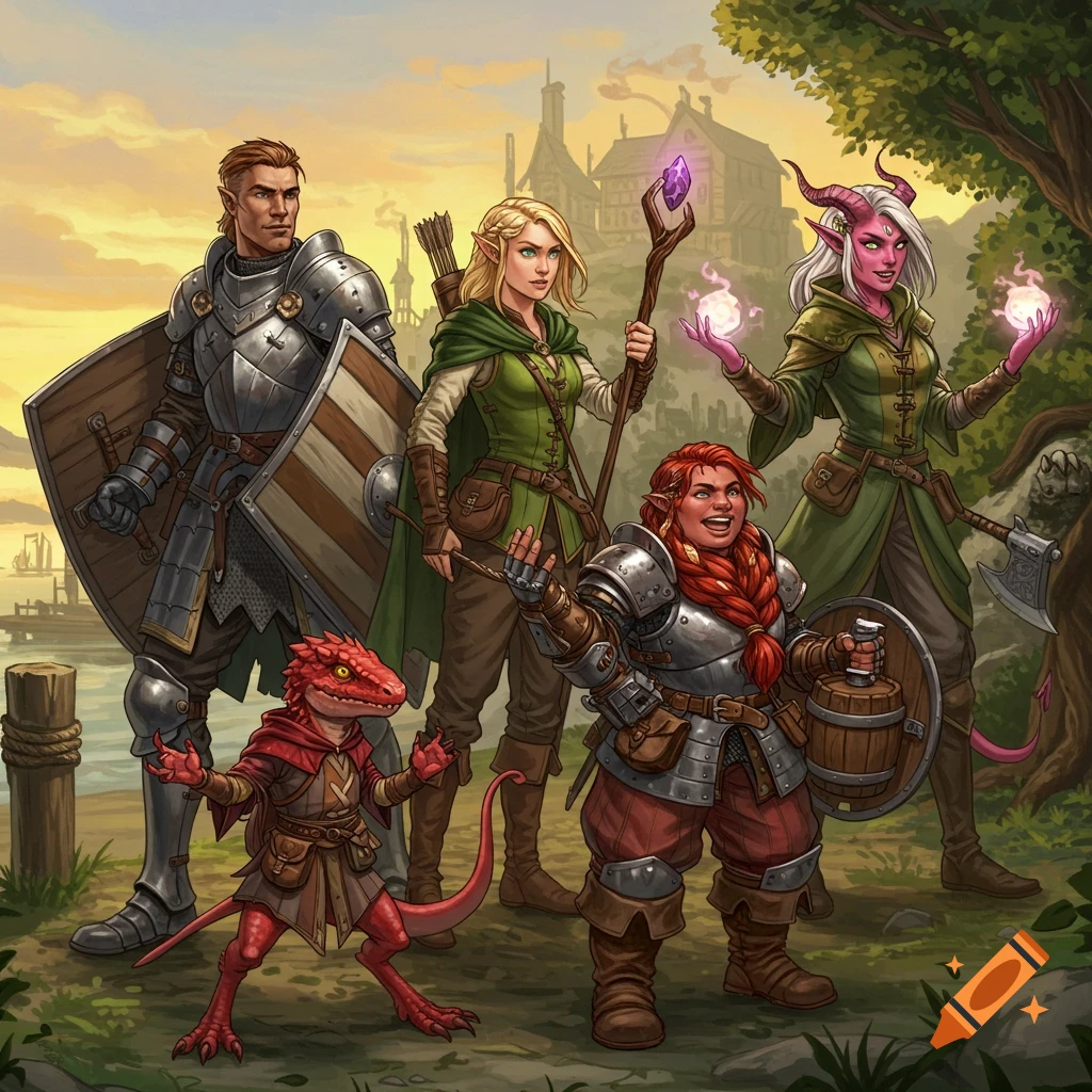 A detailed illustration of a diverse fantasy adventure party, including a knight, elf, red lizard, dwarf, and tiefling, standing before a town by the water.