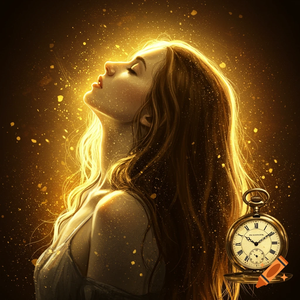 A woman's profile, head tilted back, bathed in glowing golden light and sparkling particles. A pocket watch is in the lower right.