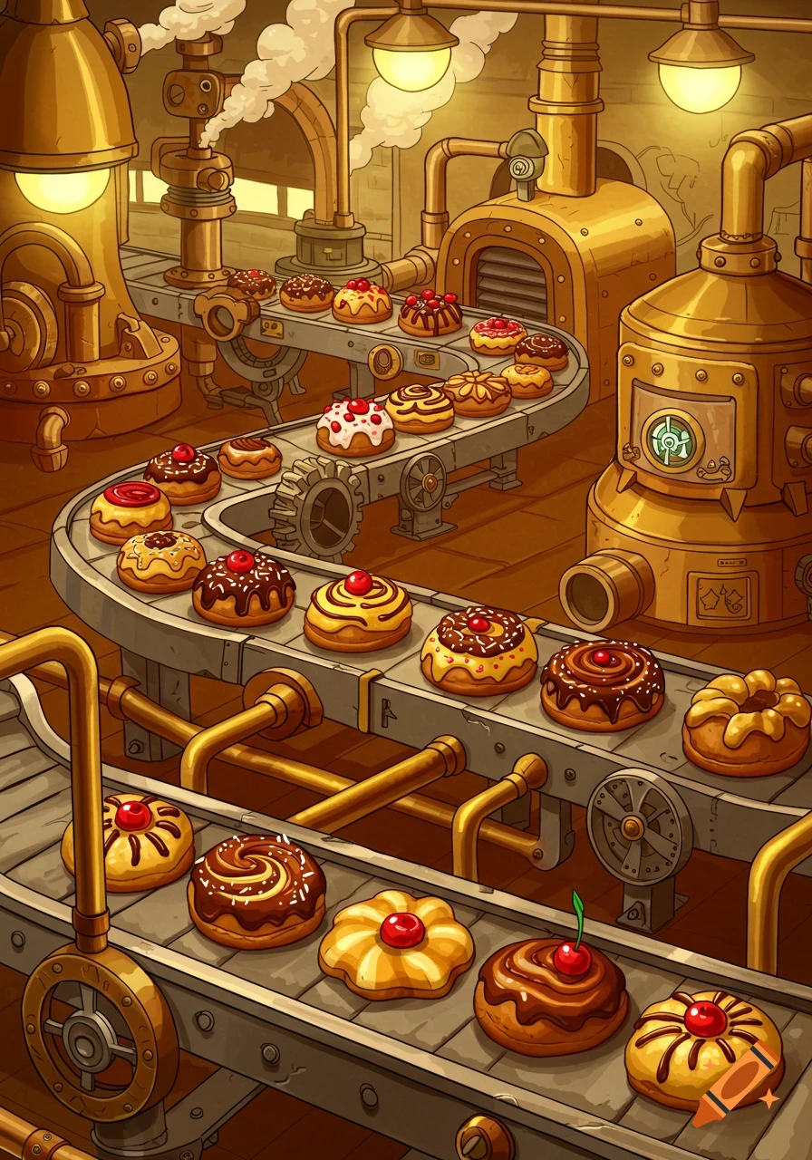 A cartoon illustration of a whimsical factory with decorated donuts and cookies on a winding conveyor belt.