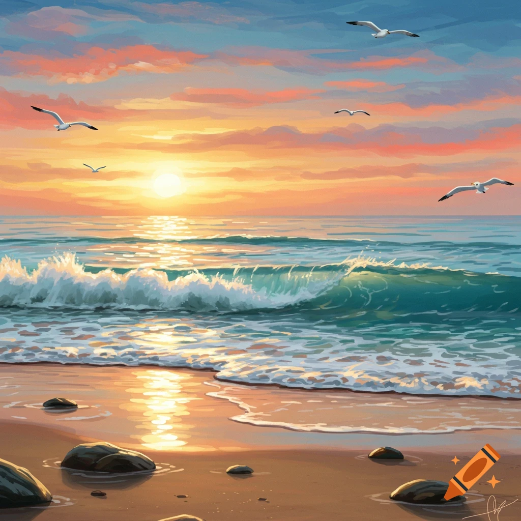 Vibrant painterly sunset over a beach with crashing waves and flying seagulls.