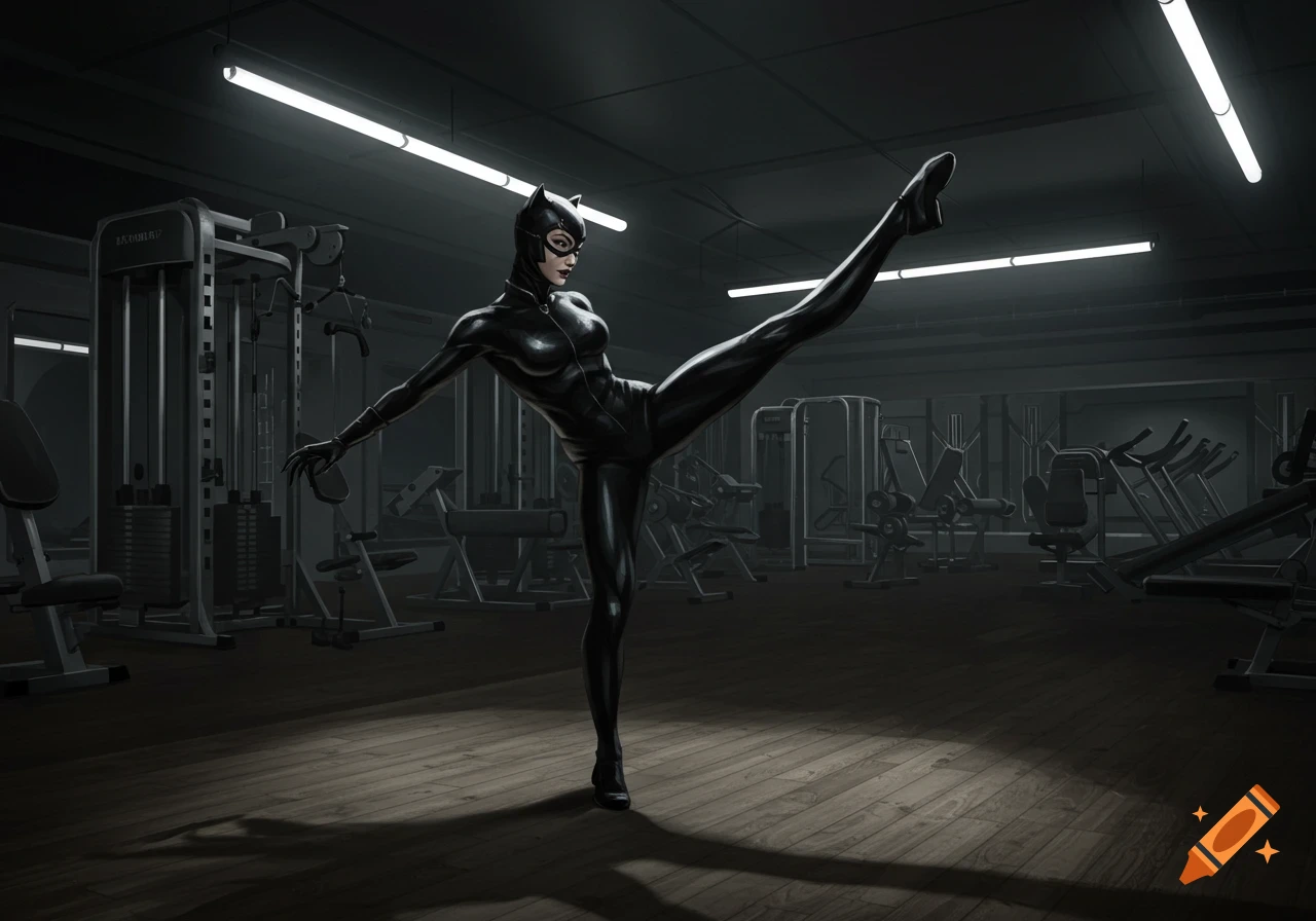 Catwoman in a black catsuit doing a high leg lift in a dimly lit gym, dramatic noir style.
