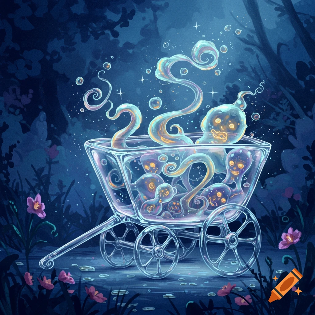 A whimsical glass wagon overflowing with glowing, ghost-like figures in a dark, enchanting forest with pink flowers.