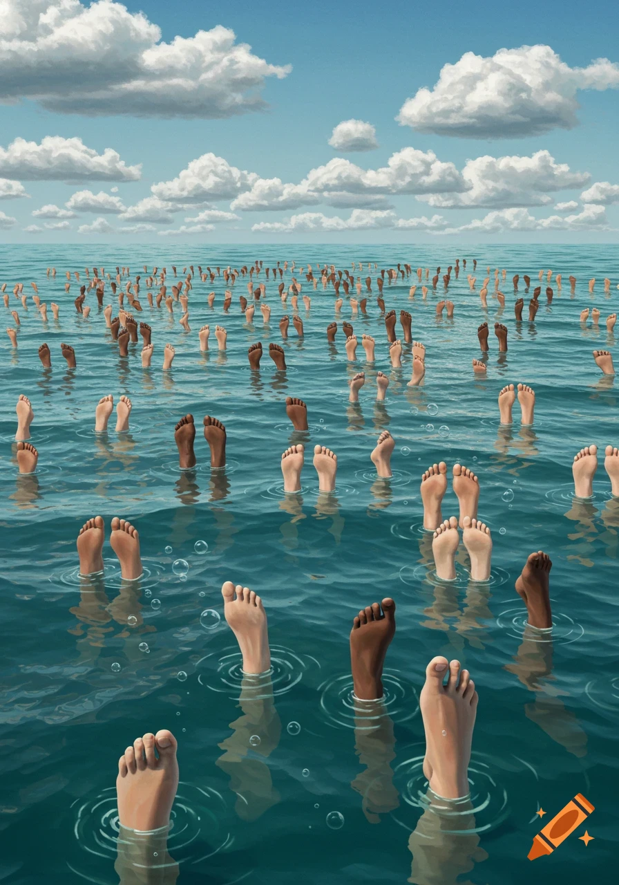 Numerous human feet, of various skin tones, protrude from the surface of a vast blue-green ocean under a cloudy sky.