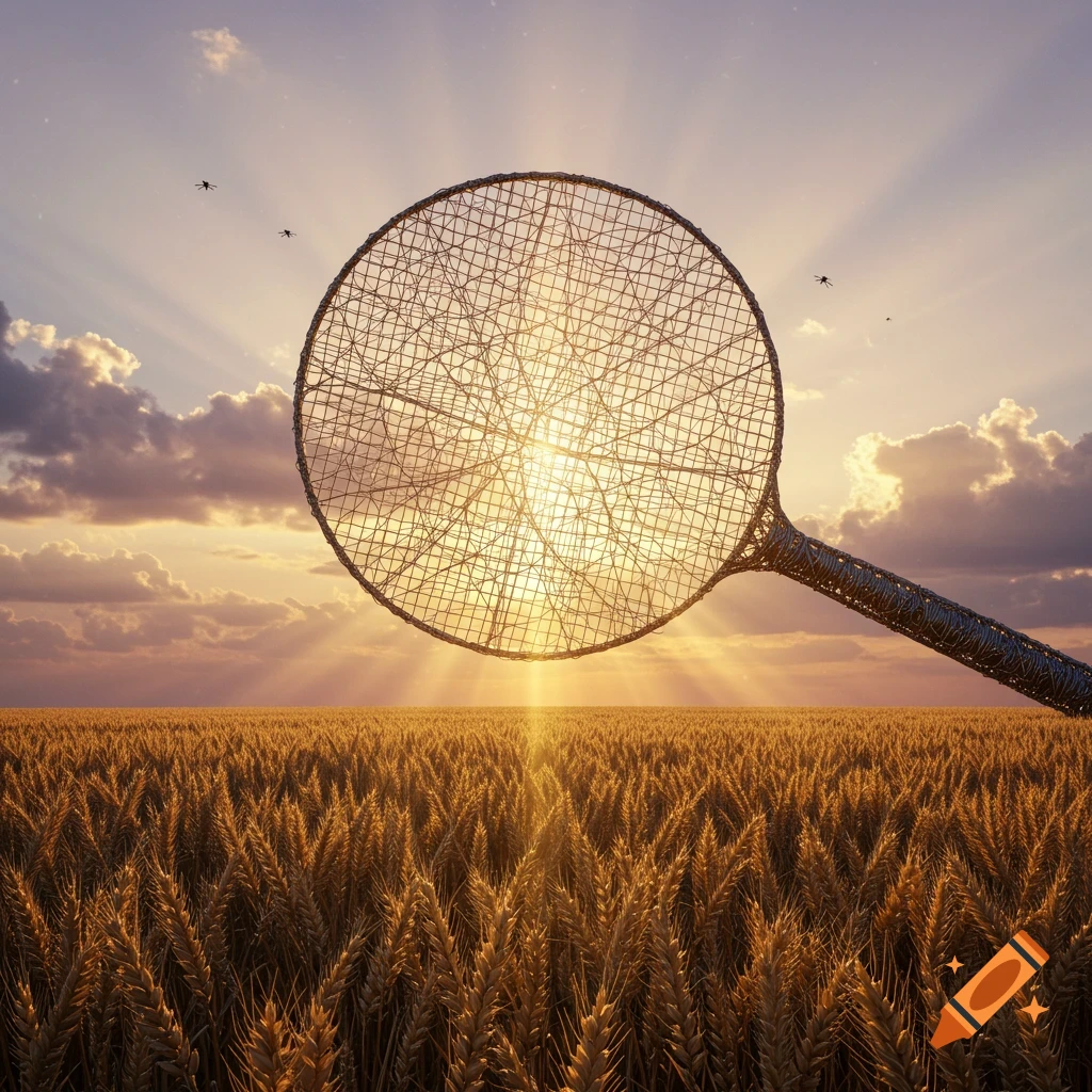 A photorealistic image of a giant flyswatter hovering over a golden wheat field at sunset, with a few small insects in the sky.