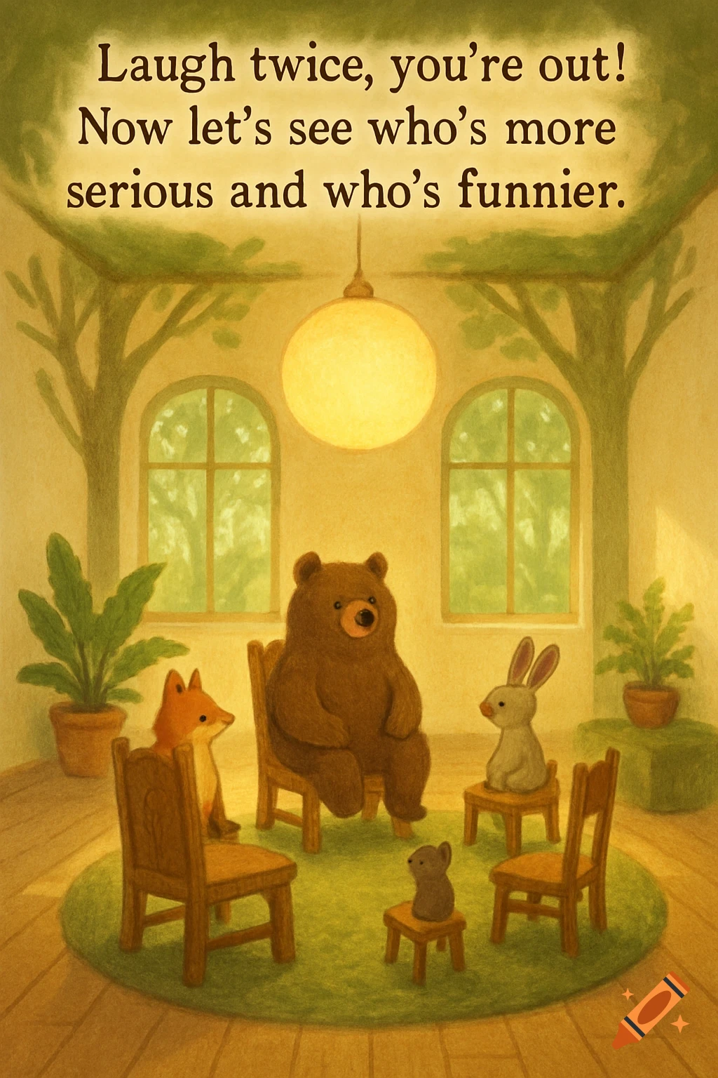 Cartoon illustration of animals (bear, fox, rabbit, mouse) in a cozy room playing a game. Text: 'Laugh twice, you're out!'