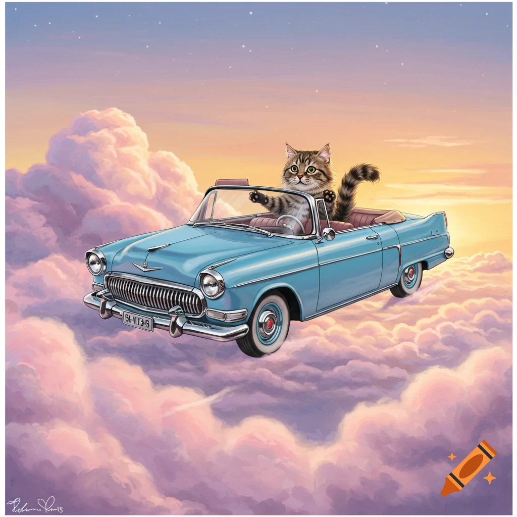 A whimsical illustration of a tabby cat in a blue vintage convertible flying through a pastel, cloudy sky at sunset.