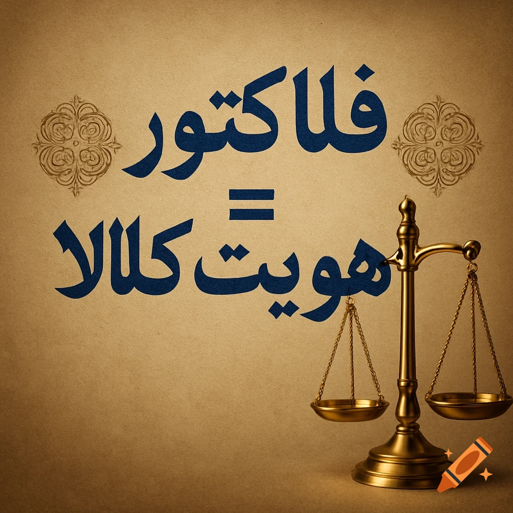 Golden Persian calligraphy spelling "Invoice = Identity of Goods" and a golden scale of justice on a textured brown background.