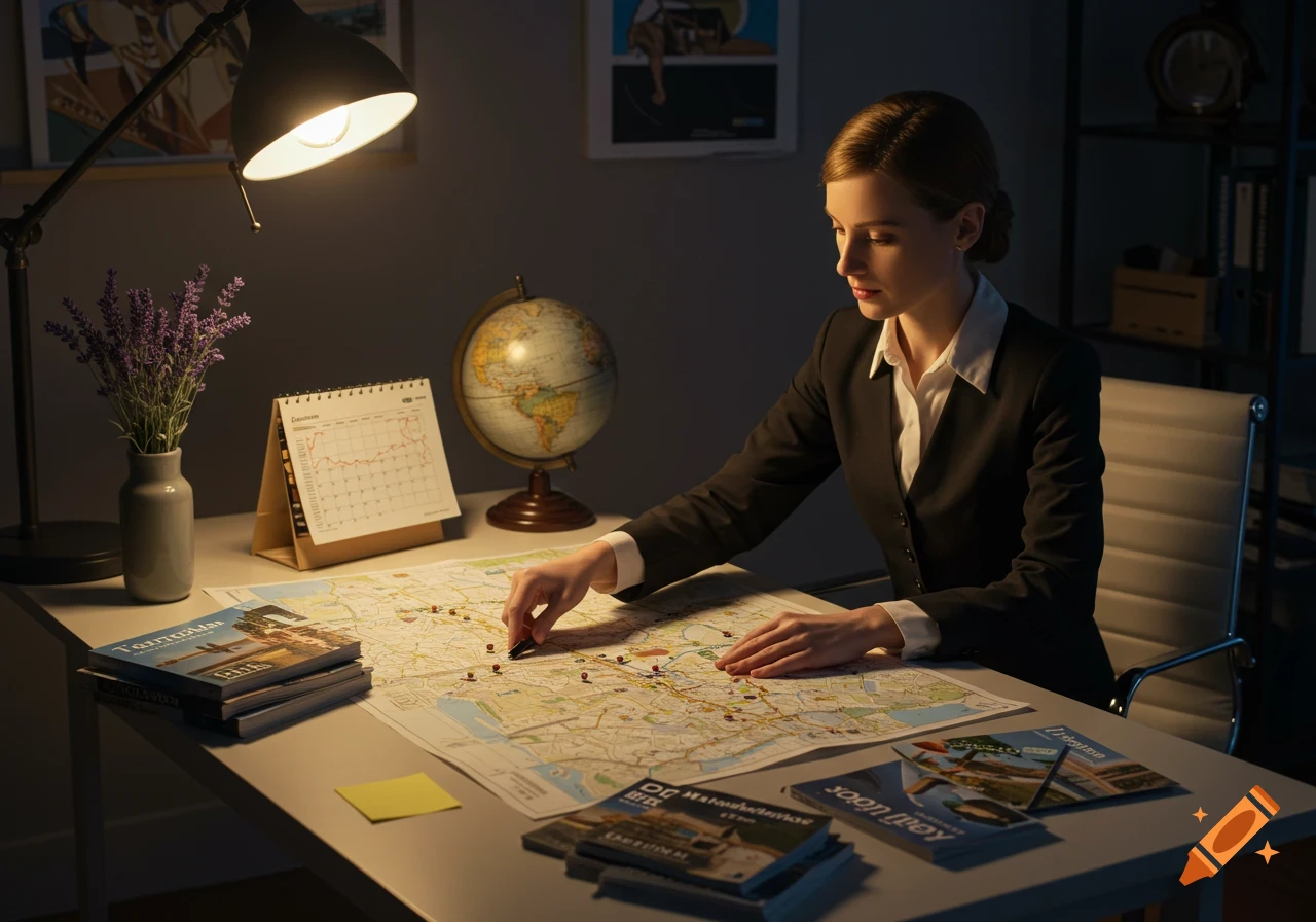 A woman in a business suit meticulously plans a trip on a large map at a desk, surrounded by travel brochures and a globe. Photorealistic.