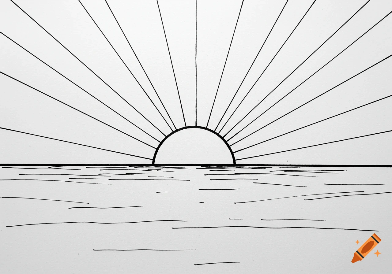Minimalist black line drawing of a sunrise over a body of water.