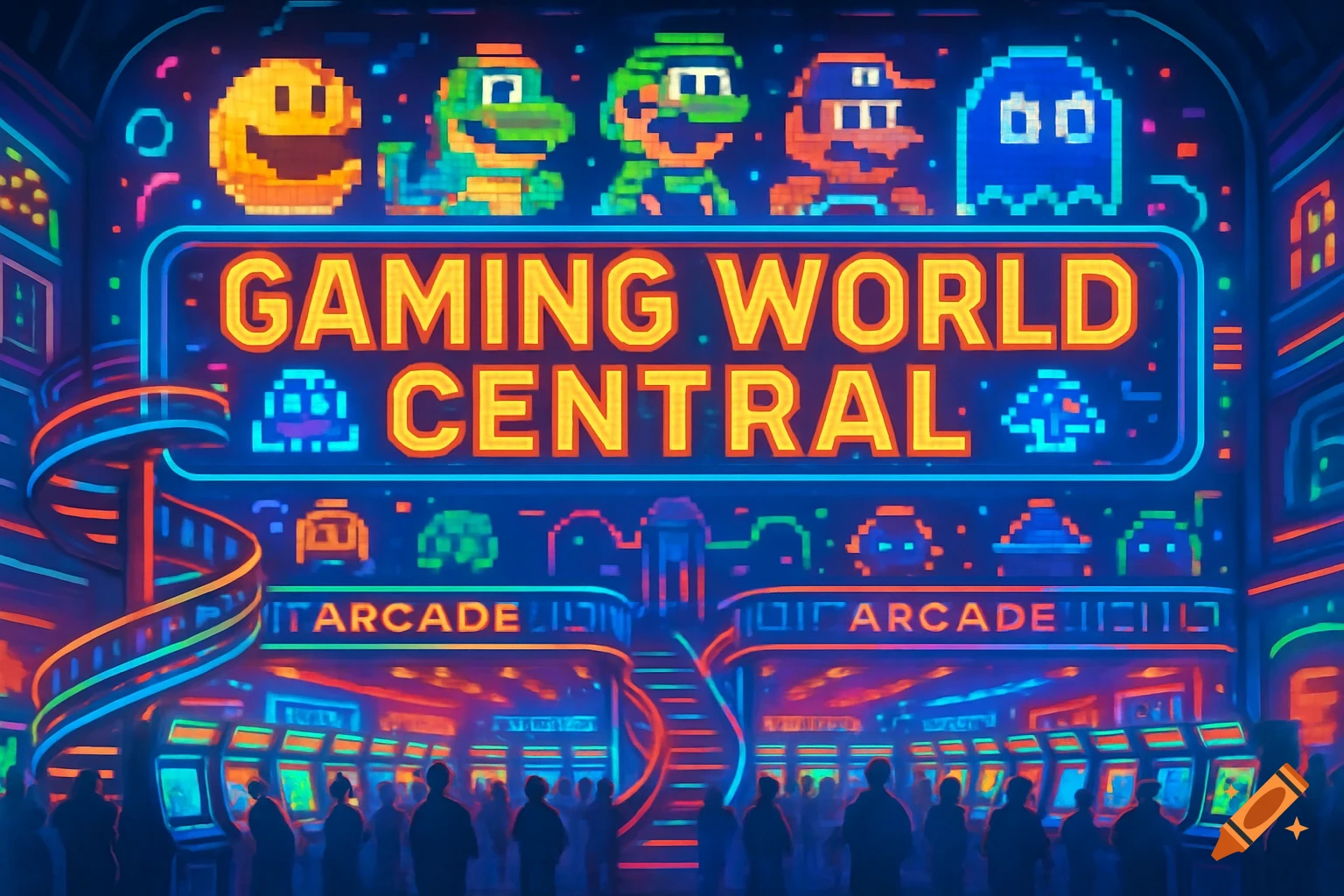 A vibrant retro arcade with neon signs reading 'Gaming World Central' and 'Arcade', featuring pixelated classic video game characters and a crowd of people.