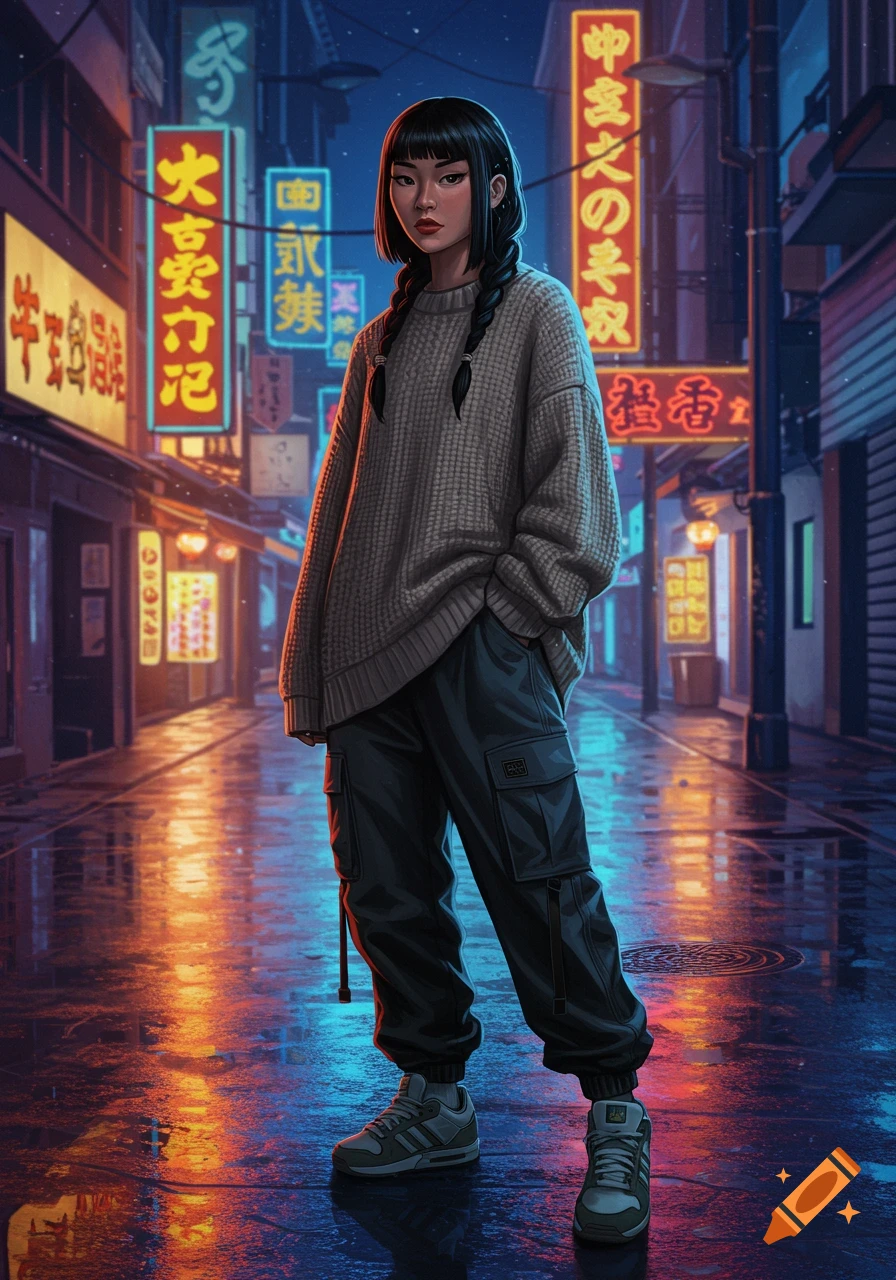 An illustrative image of a woman with a hime haircut and braided pigtails in a sweater and cargo pants, standing on a wet, neon-lit city street at night.