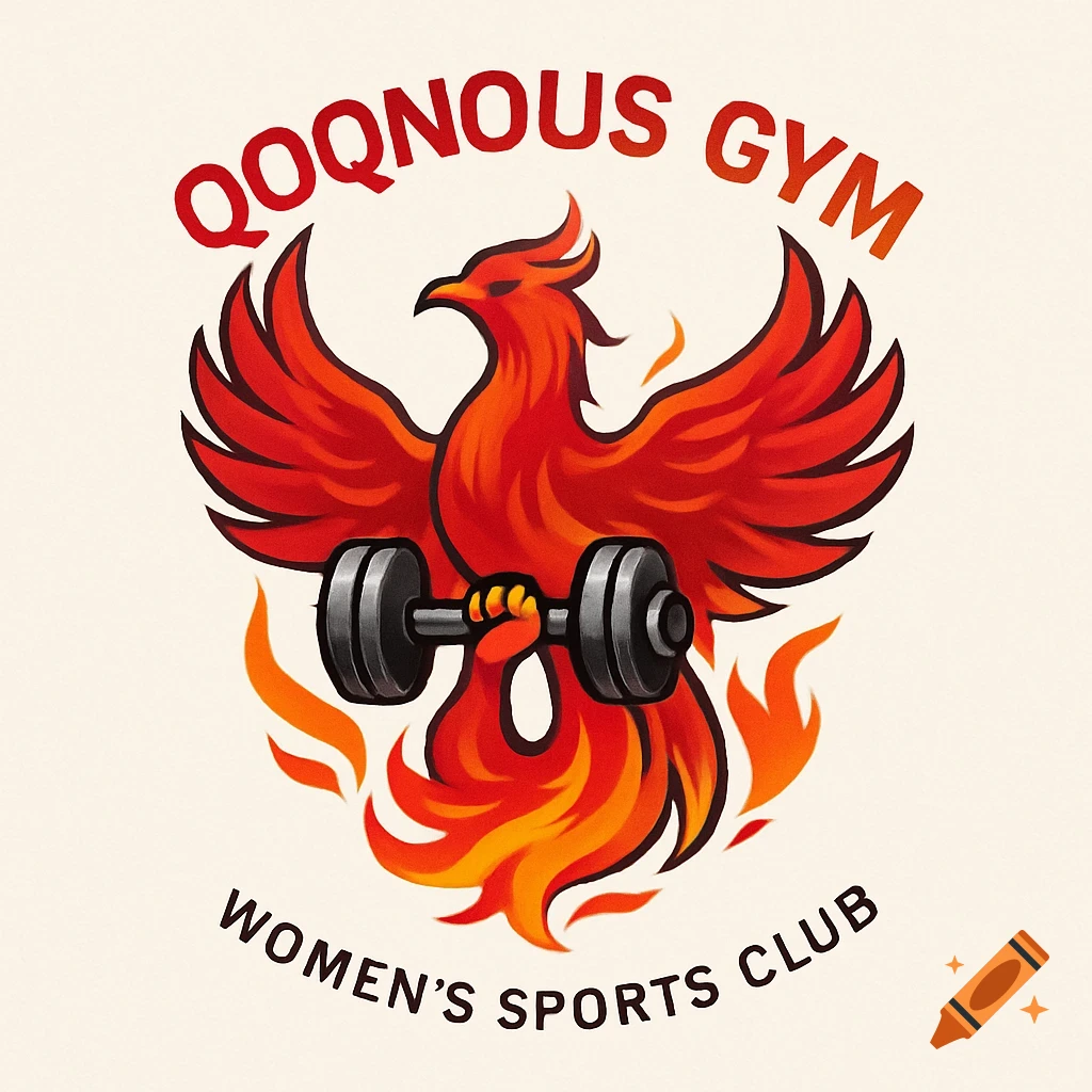 A red and orange phoenix logo holding a dumbbell with the text 'QOQNOUS GYM WOMEN'S SPORTS CLUB' on a white background.