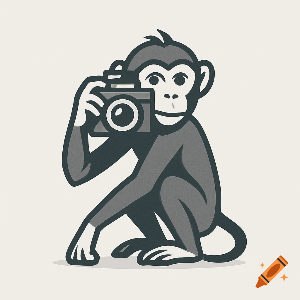 A simple, modern logo illustration of a monkey holding a camera to its face.