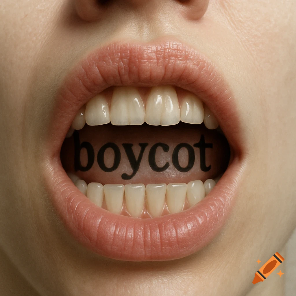 Close-up of a person's open mouth with the word 'boycot' written on the tongue.