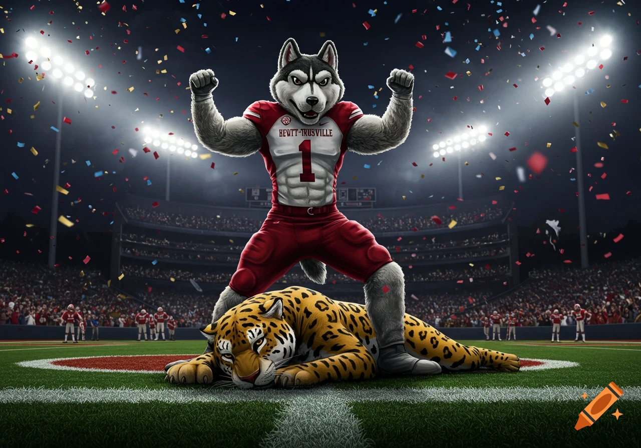 A victorious husky mascot in a red football jersey stands over a defeated jaguar mascot on a confetti-strewn football field at night.