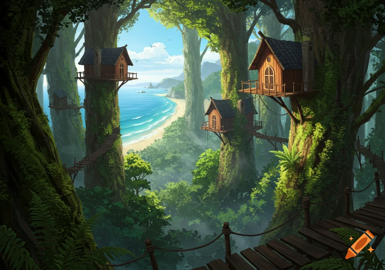 Fantasy art of treehouses nestled in a lush temperate rainforest overlooking a tropical beach and ocean.