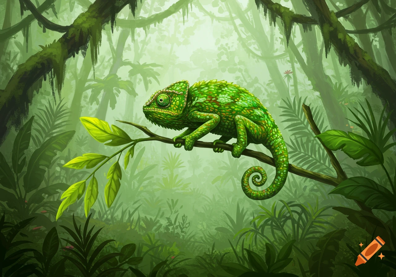 Illustration of a bright green chameleon with a curled tail perched on a leafy branch in a dense, misty jungle.