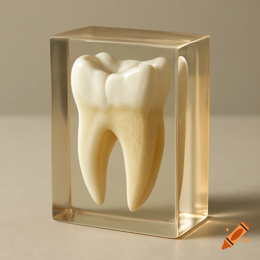 Close-up of a tooth specimen in a clear rectangular resin block, showing white enamel and yellow dentin.